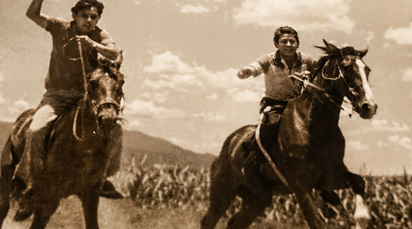 Two young charros racing on horseback through the countryside