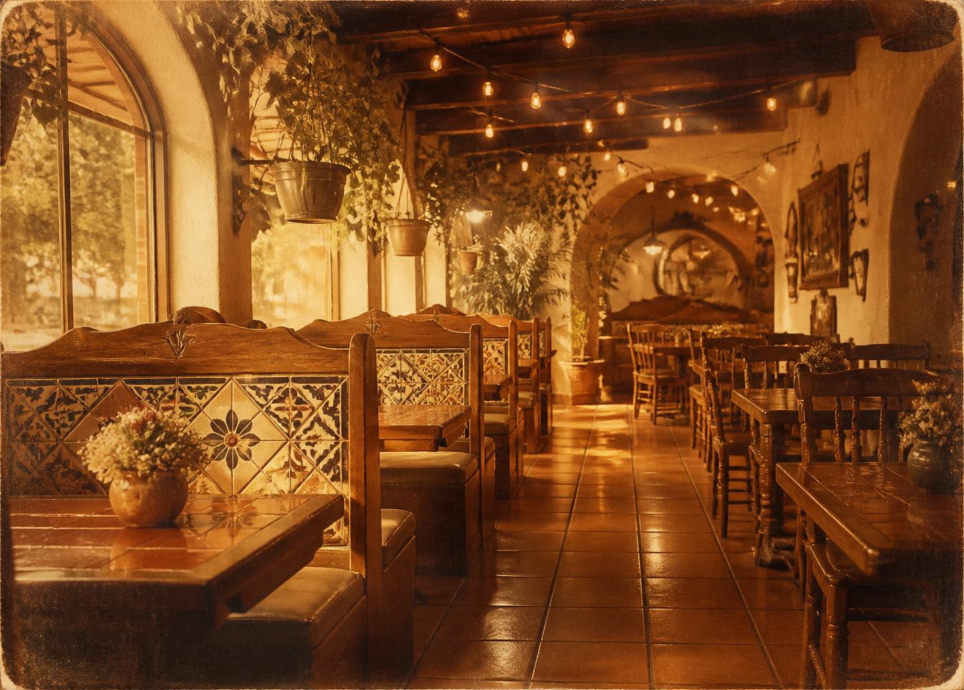 Tiled booths and warm light inside the El Caporal dining room